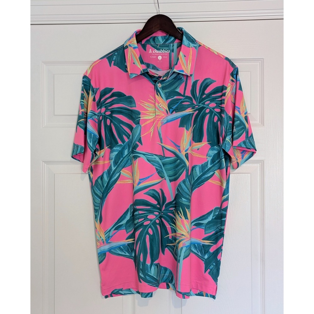 Chubbies Mens Pink Tropical Bird of Paradise Performance Polo Shirt Large L